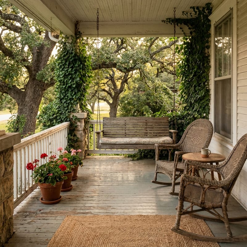 A wooden porch swing and wicker rocking chairs on the deep covered porch of an established home, geraniums along the rail