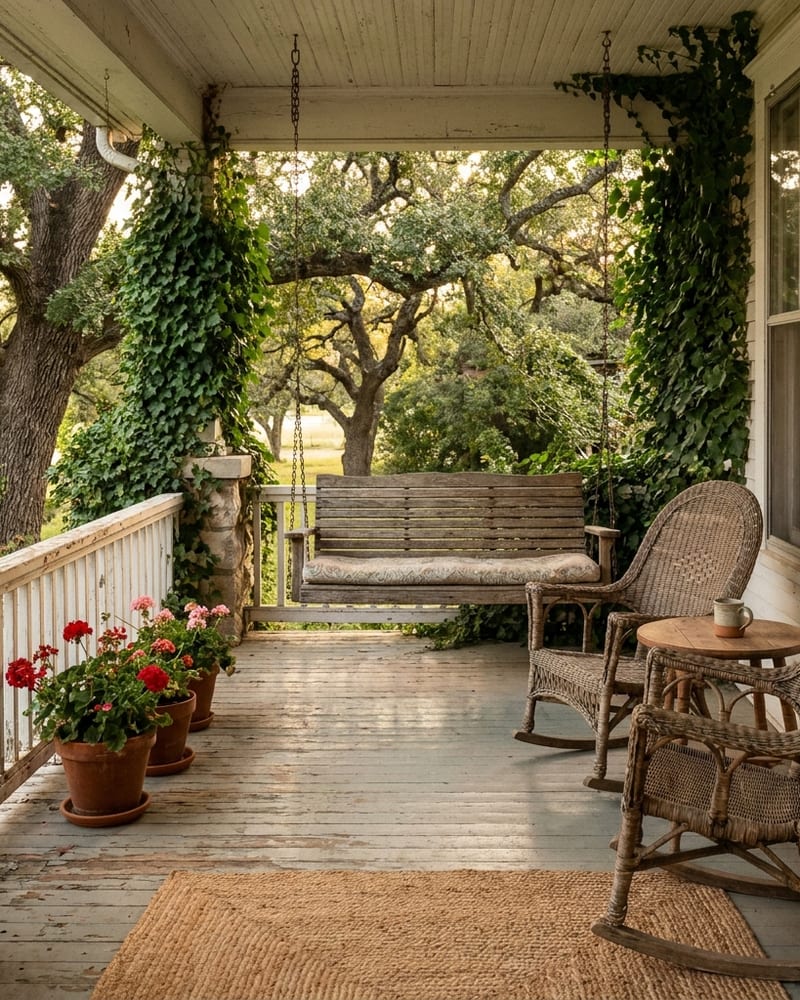 A wooden porch swing and wicker rocking chairs on the deep covered porch of an established home, geraniums along the rail