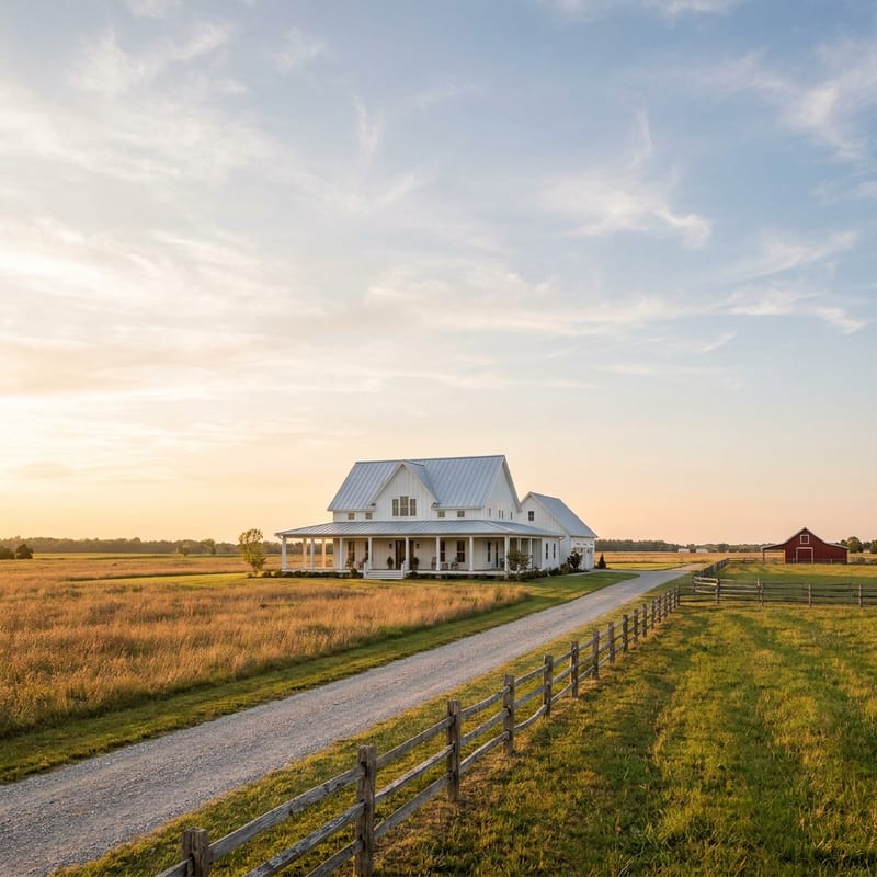 A white farmhouse with a wraparound porch at the end of a gravel lane, open fields and a red barn behind it