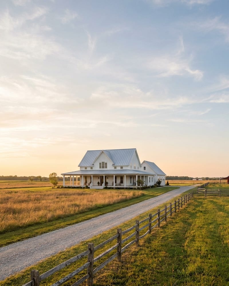 A white farmhouse with a wraparound porch at the end of a gravel lane, open fields and a red barn behind it