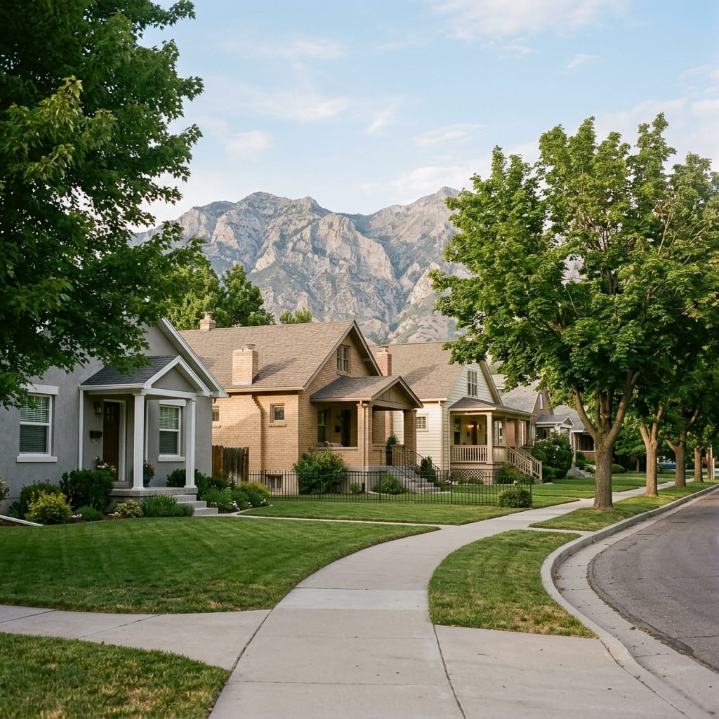 A quiet tree-lined residential street of brick, stucco and clapboard homes with covered porches, the Wasatch mountains rising behind them in late-afternoon light