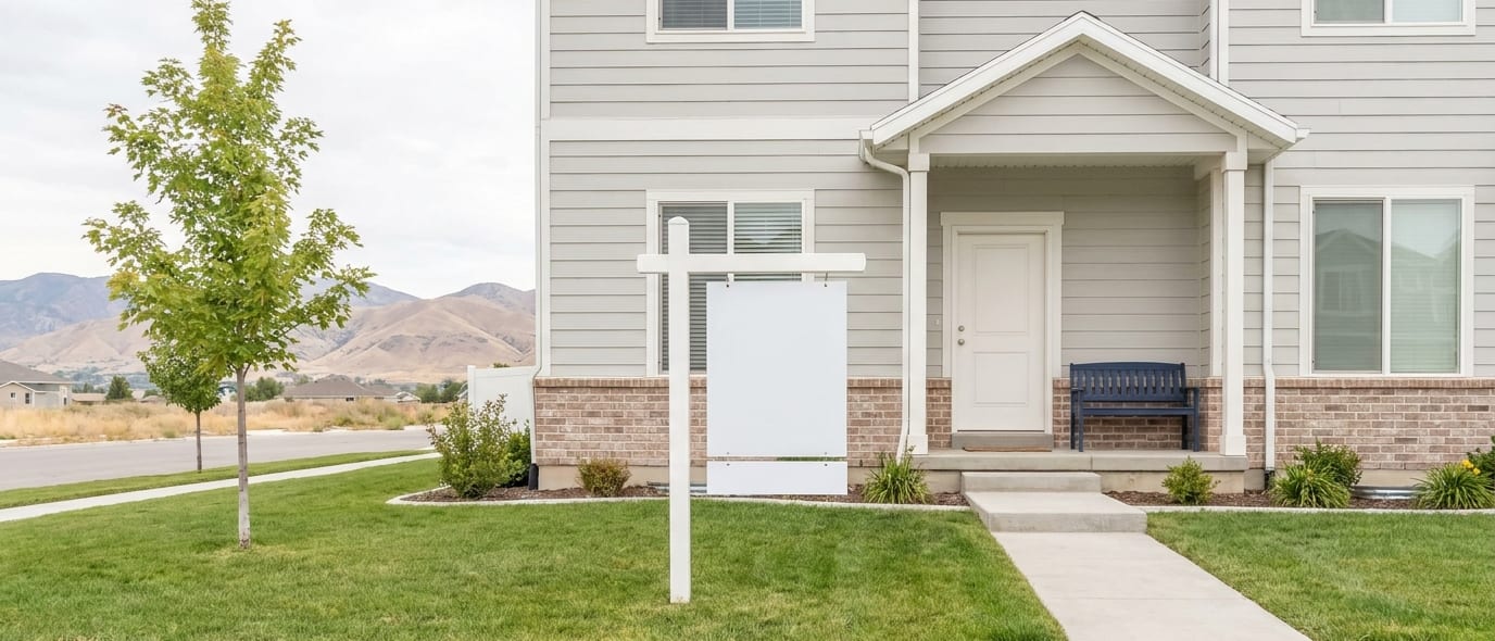 A modest townhome seen from its front walkway with a sold sign in the yard