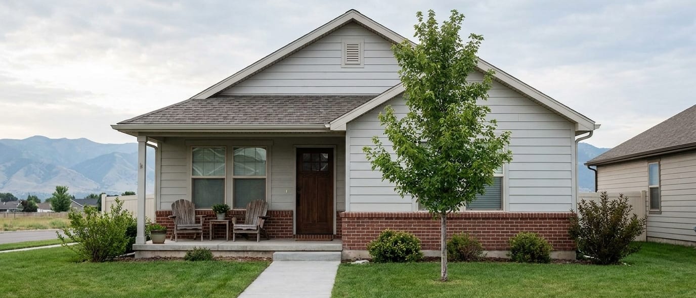 A modest single-story home with a covered porch and a young tree, seen from its front walkway