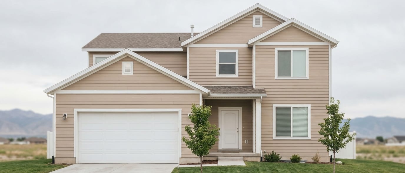 A two-story suburban home seen from the street on an overcast morning