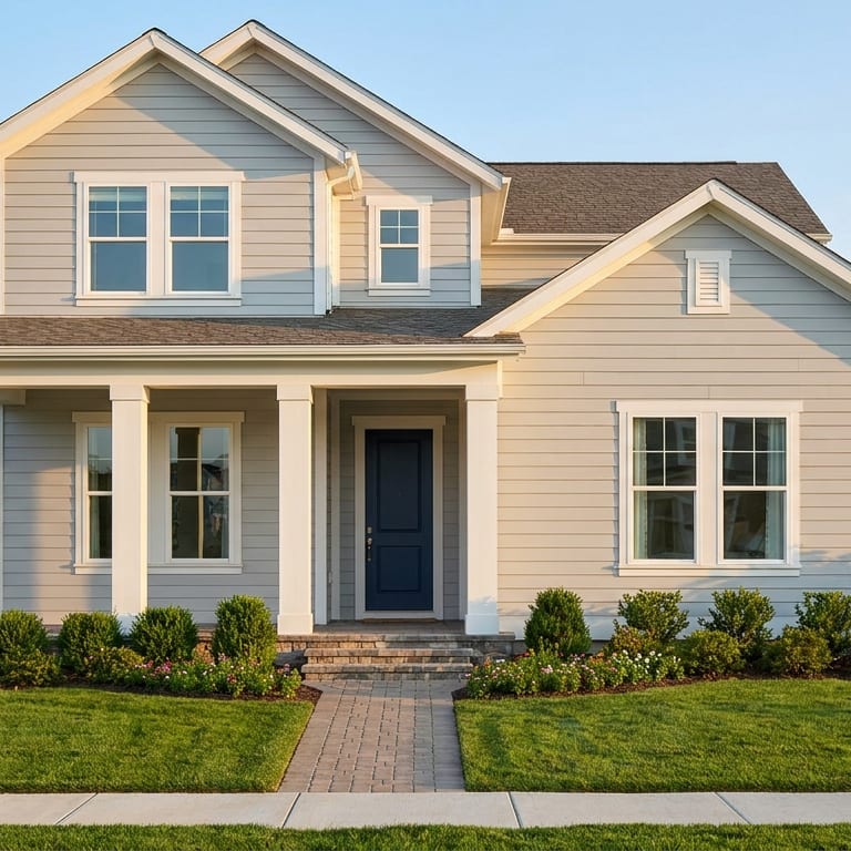 The front of a two-storey house with grey siding, a covered porch and a navy front door, in late afternoon light