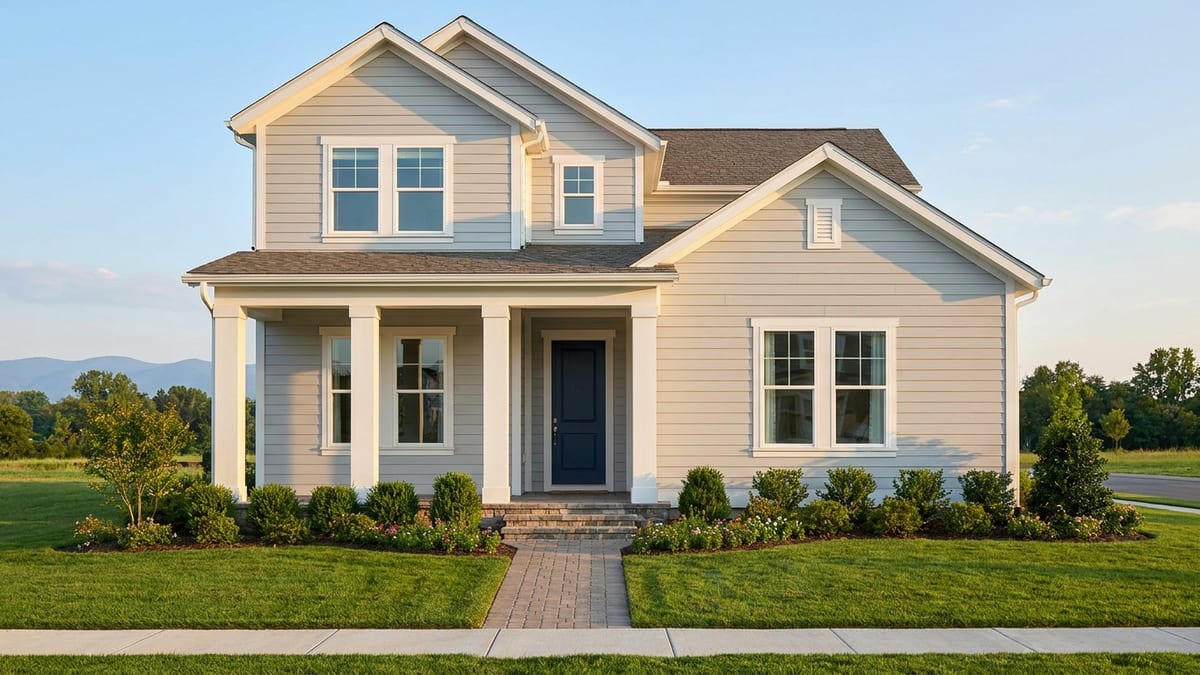The front of a two-storey house with grey siding, a covered porch and a navy front door, in late afternoon light
