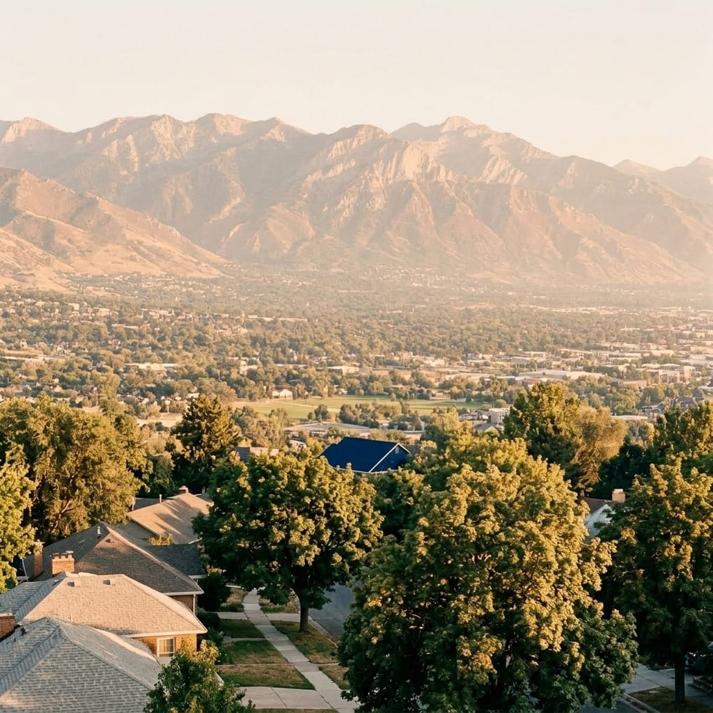 A view from a hillside over a Salt Lake Valley neighbourhood at golden hour: rooftops among mature trees in the foreground and the Wasatch mountains across the valley in warm haze