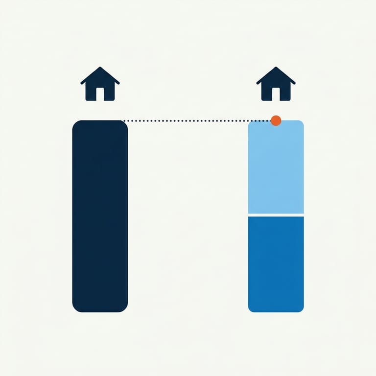 A simple diagram of one tall navy bar beneath a house, beside two shorter stacked blue bars beneath the same house reaching the same height, a dotted line joining the tops