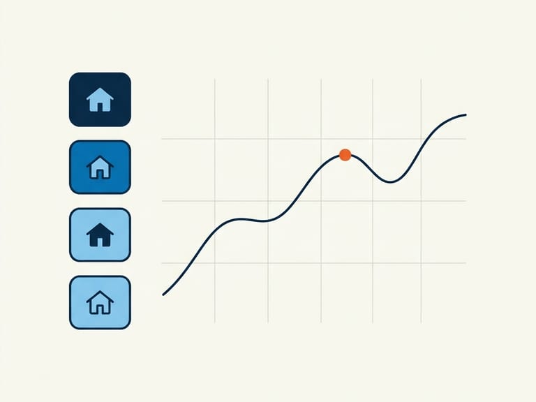 A simple diagram: four small house cards stacked in navy and blue beside a rate line rising and dipping across a faint grid, one point marked in orange