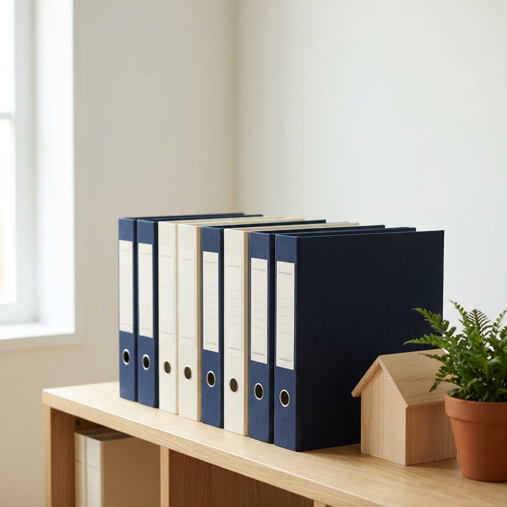A row of navy and cream ring binders standing on a pale oak office shelf beside a small wooden model house and a potted plant