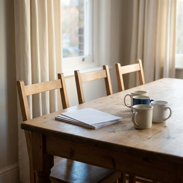 The dining table of an established home in morning light, three wooden chairs drawn in beside a small stack of paperwork and three empty cups