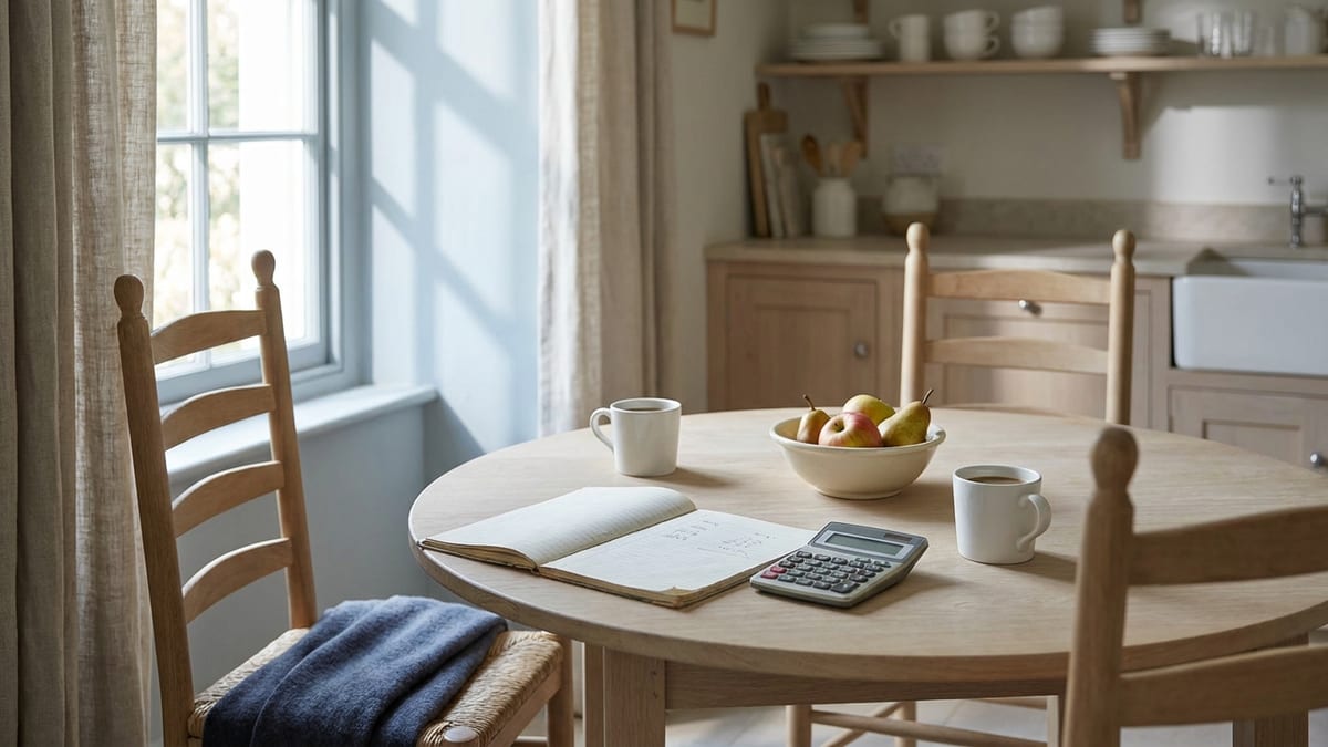 A round kitchen table in a farmhouse kitchen with an open notepad of handwritten figures, a calculator, two mugs of coffee and two chairs drawn up
