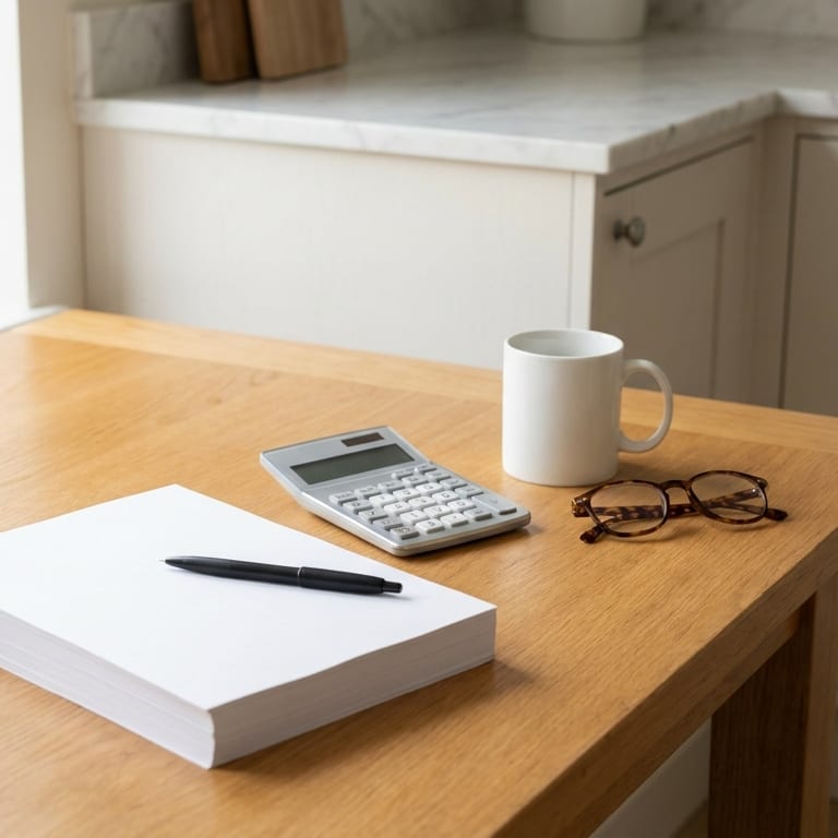 A stack of paperwork, a pen, a calculator, reading glasses and a coffee mug on a kitchen table in daylight