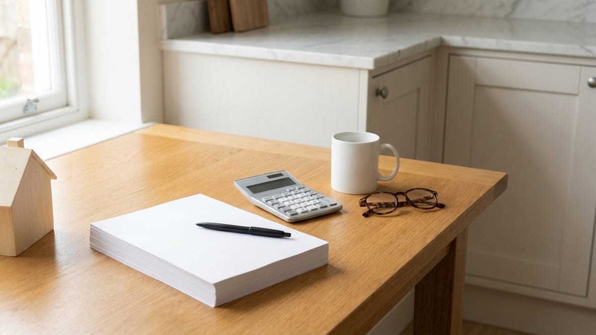 A stack of paperwork, a pen, a calculator, reading glasses and a coffee mug on a kitchen table in daylight