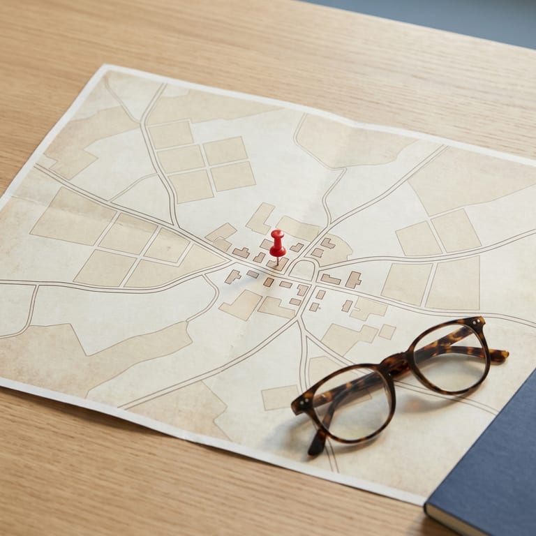 A printed map of fields, lanes and a small settlement spread on a pale oak desk, a single red pin in it and reading glasses at its corner