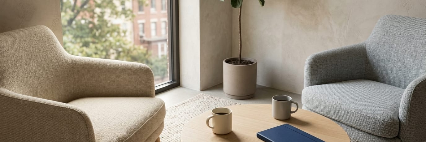 A quiet meeting corner with two upholstered armchairs facing each other across a low round oak table holding two mugs of coffee and a closed navy notebook, a potted fig by the window
