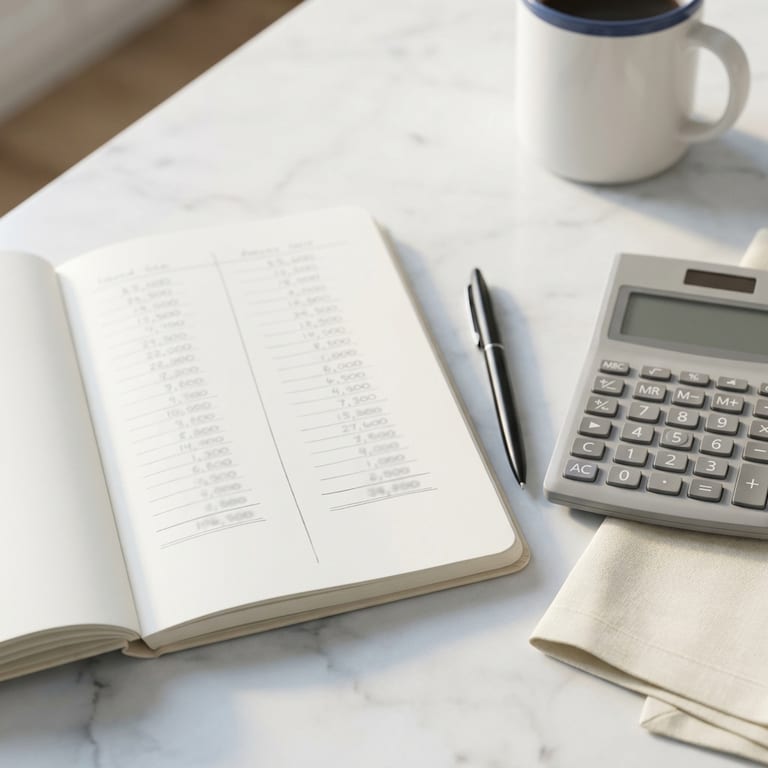 An open notebook on a marble kitchen island showing two handwritten columns of figures, a calculator and a pen beside it