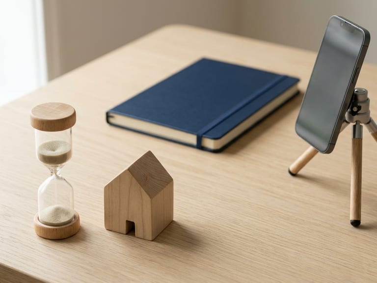 A small sand timer, a plain wooden model house and a closed navy notebook on a pale oak desk, with a phone standing on a little tripod behind them