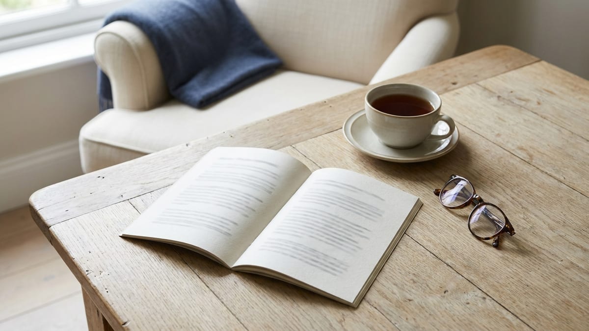 An open booklet lying flat on a pale oak table beside a cup of tea on a saucer and reading glasses, an armchair softly out of focus behind