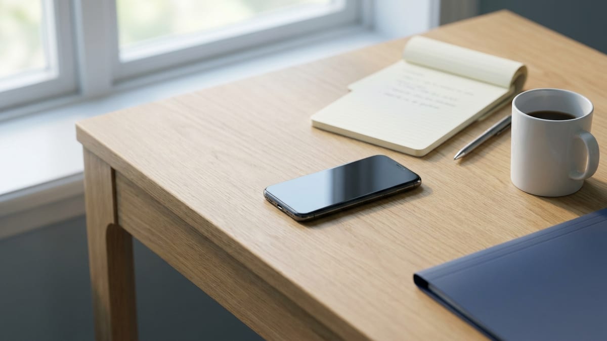 A phone lying face up on a pale oak desk beside an open notepad of handwritten notes, a pen, a mug of coffee and a navy folder