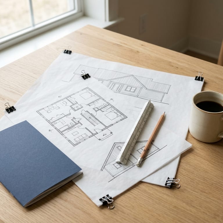 House plans unrolled on a pale oak table, a floor plan and elevation drawing clipped flat, with a scale rule and pencil across them, a navy specification booklet and a mug of coffee