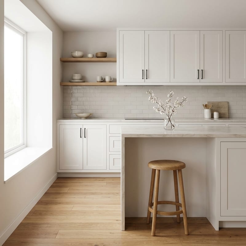 A newly renovated kitchen in daylight, with white shaker cabinetry, open oak shelving and a marble island