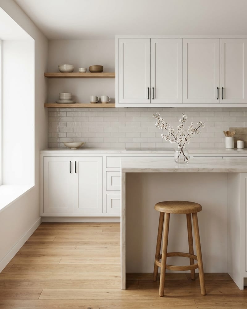 A newly renovated kitchen in daylight, with white shaker cabinetry, open oak shelving and a marble island