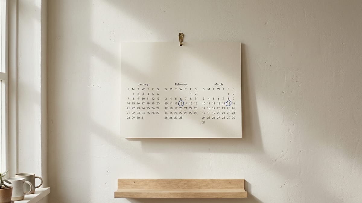 A three-month wall calendar with two statement dates circled