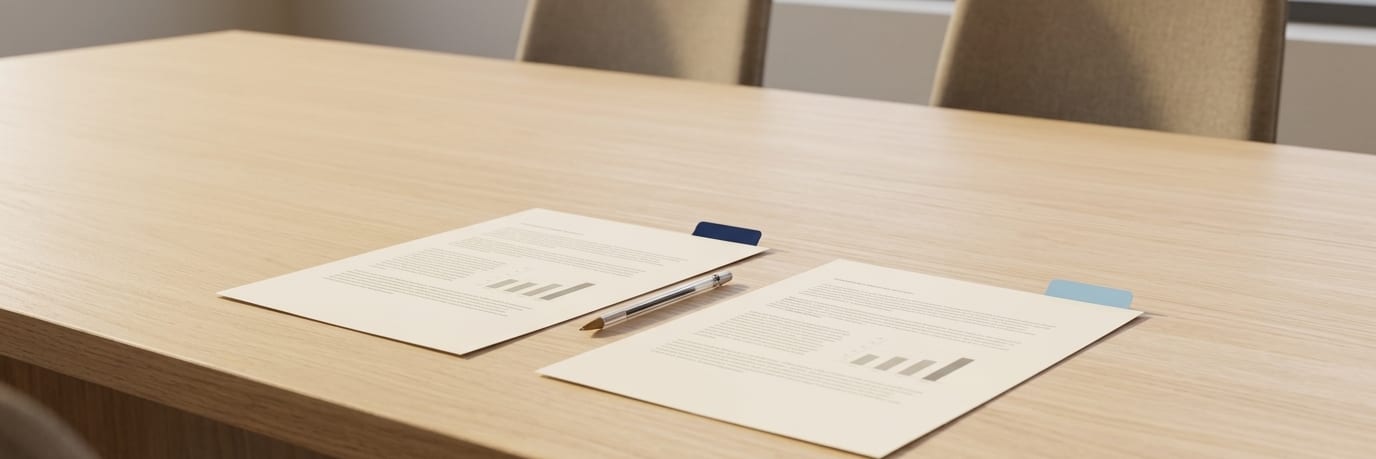 Two printed loan option sheets lying side by side on a pale oak conference table, one with a navy tab and one with a light-blue tab, a pen between them and two empty chairs on the far side