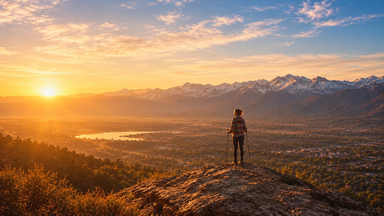 A hiker with trekking poles standing on a rocky outcrop at sunrise, looking out over a Utah valley of homes and treed streets with the snow-capped Wasatch range beyond