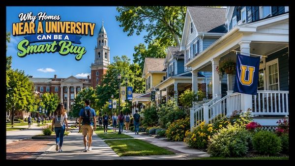 Why Homes Near a University Can Be a Smart Buy — students walking a tree-lined street of porch-fronted homes, a university bell tower rising behind them and a banner hanging from one of the porches.