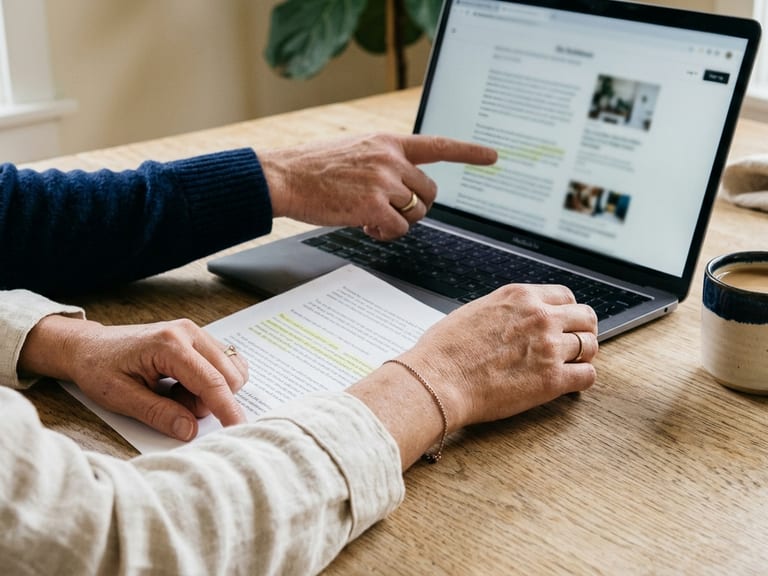 Two people’s hands at a kitchen table, one pointing at an article on a laptop screen and the other resting on a printed page with a passage highlighted
