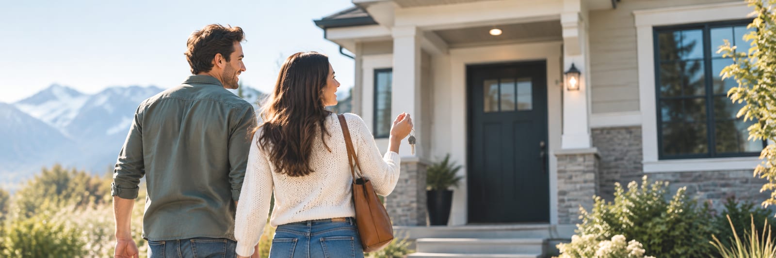 Two buyers walking up to the front door of their new home on a bright day, one of them holding the keys, with mountains behind the house