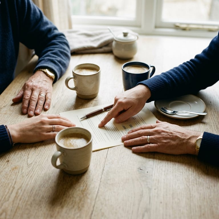 Three pairs of hands around a kitchen table in morning light — an older pair resting either side of a printed document, a younger hand pointing at a line on it — with a pen and three cups of coffee
