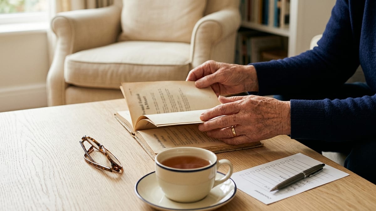 An older reader’s hands turning the page of an open booklet at a pale oak table, reading glasses, a cup of tea on a saucer and a pen on a short printed checklist beside it, an armchair softly out of focus behind