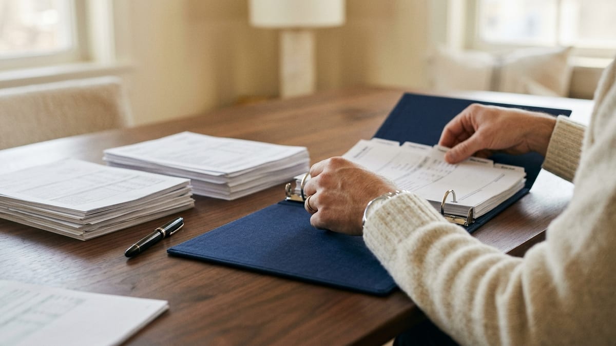 Two hands sorting tabbed financial documents into a navy ring binder on a dark walnut table, two squared stacks of paperwork and a fountain pen beside it
