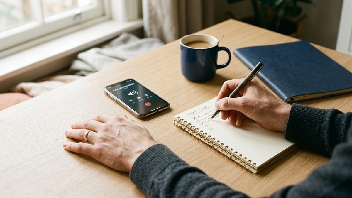 A phone lying face up on a pale oak desk with a call on speaker, one hand writing a short checklist on a spiral notepad beside it and the other resting on the desk, a mug of coffee and a navy folder by the window
