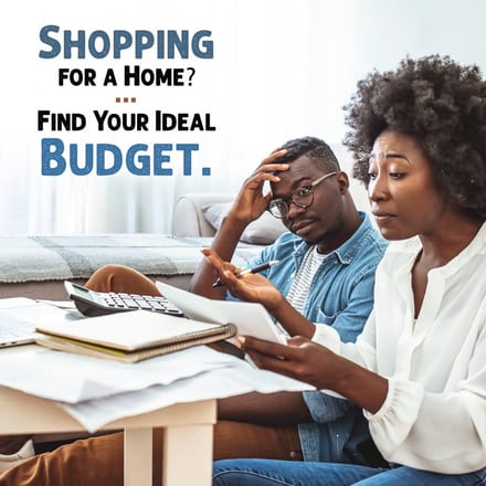 Alliance Lending Services post reading "Shopping for a Home? Find Your Ideal Budget." over a couple at a coffee table working through paperwork with a calculator