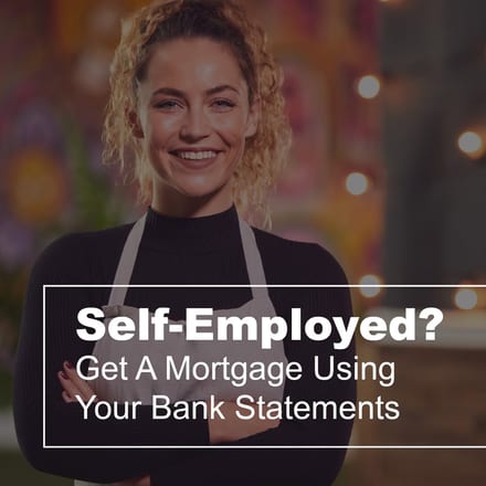 Alliance Lending Services post reading "Self-Employed? Get A Mortgage Using Your Bank Statements" over a smiling shop owner in an apron, arms folded