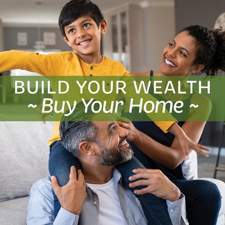 Alliance Lending Services post reading "Build Your Wealth — Buy Your Home" over a family at home, a boy on his father's shoulders with his mother laughing behind them
