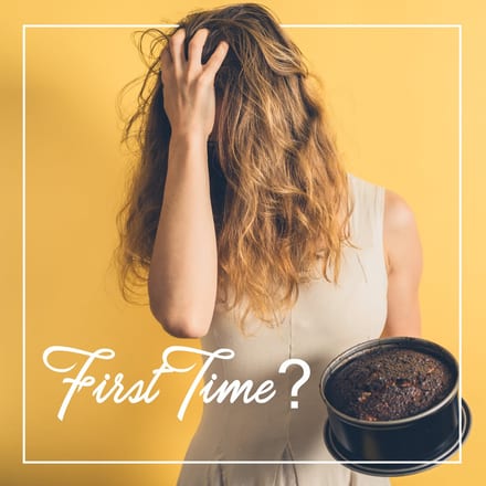 Alliance Lending Services post reading "First Time?" over a woman on a yellow background with one hand in her hair, holding a badly burnt cake