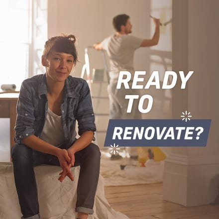 Alliance Lending Services post reading "Ready To Renovate?" over a woman sitting on a dust sheet in a half-painted room while someone rolls paint on the wall behind her