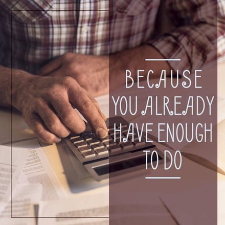 Alliance Lending Services post reading "Because You Already Have Enough To Do" over a pair of hands working a desk calculator on a table covered in statements